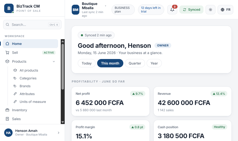 BizTrack CM desktop dashboard with net profit, revenue and cash position