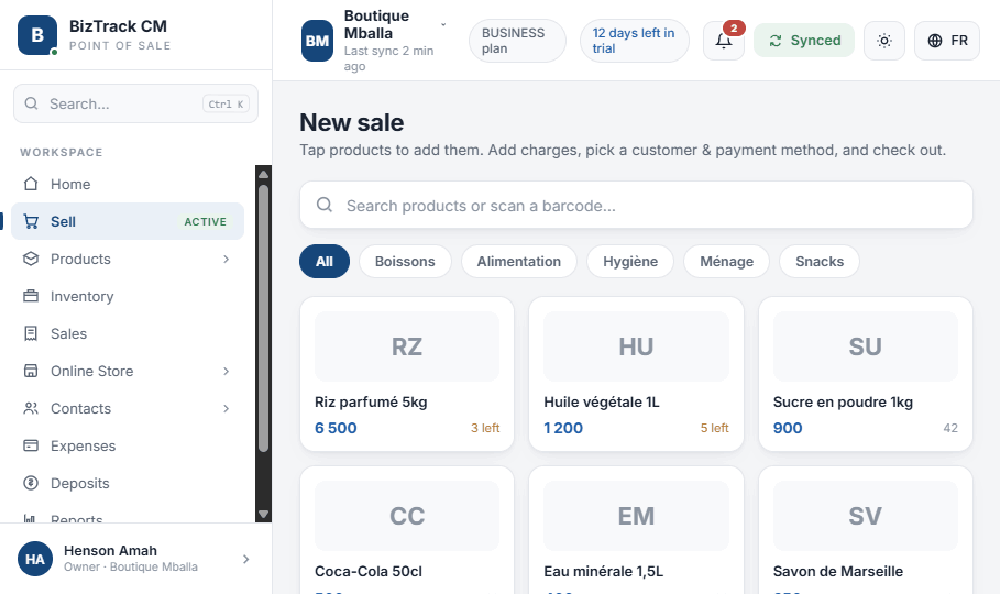 BizTrack CM point-of-sale screen with product grid and categories