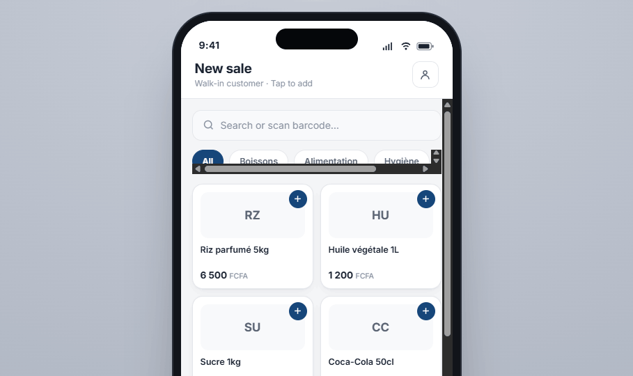 BizTrack CM mobile point-of-sale with product grid